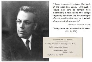 Black and white photograph of George Torrey with herbarium label and quote: I have thoroughly enjoyed the work of the past two years. Although I should not care to remain here indefinitely, I have found the college singularly free from the disadvantages of most small institutions, such as lack of opportunity for research."