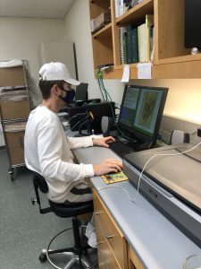 A masked student wearing a white baseball cap, white shirt and shorts enters data into a computer